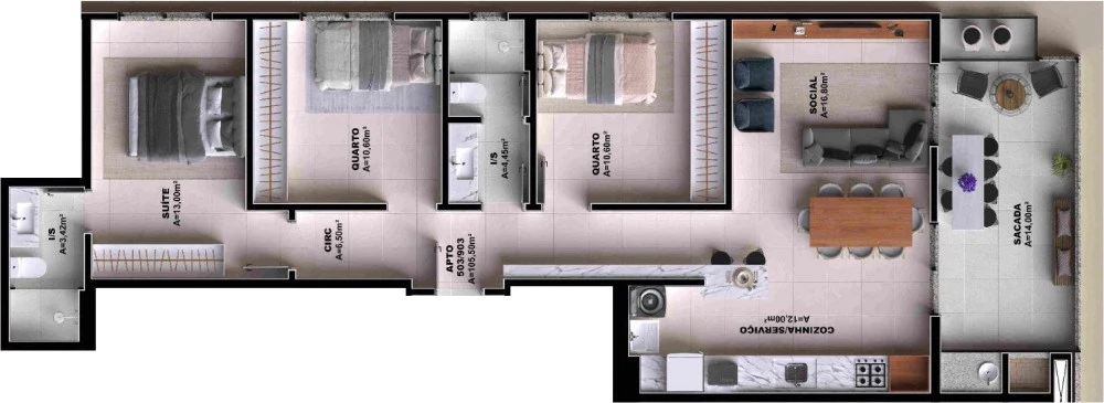 Planta baixa 3 Quartos do Doha Residence em Pedra Branca, Palhoça — 106 m² privativos, em lançamento na planta