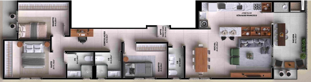 Planta baixa 3 Quartos do Doha Residence em Pedra Branca, Palhoça — 110 m² privativos, em lançamento na planta