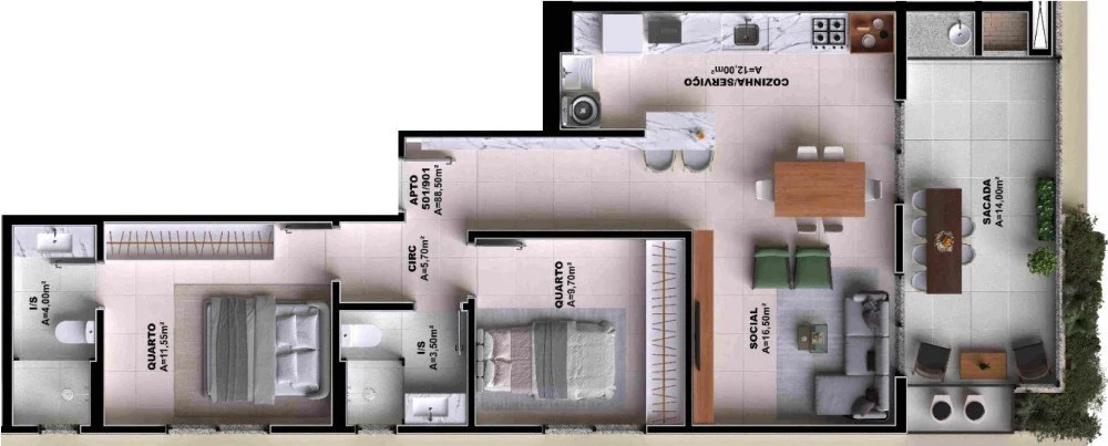 Planta baixa 2 Quartos do Doha Residence em Pedra Branca, Palhoça — 89 m² privativos, em lançamento na planta
