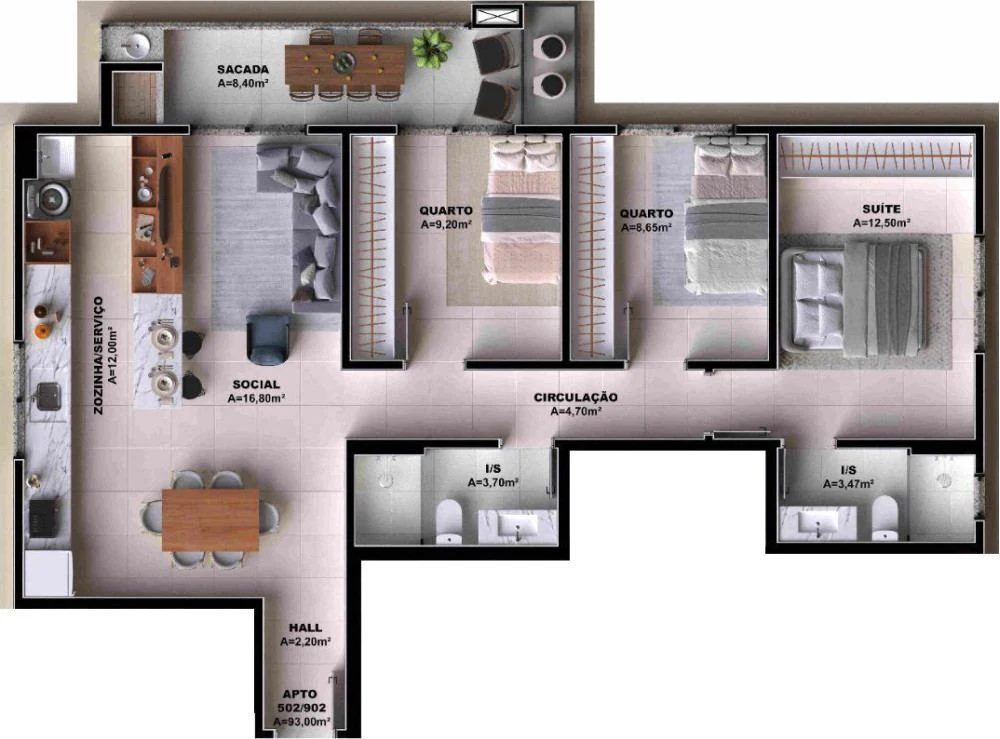 Planta baixa 3 Quartos do Doha Residence em Pedra Branca, Palhoça — 93 m² privativos, em lançamento na planta