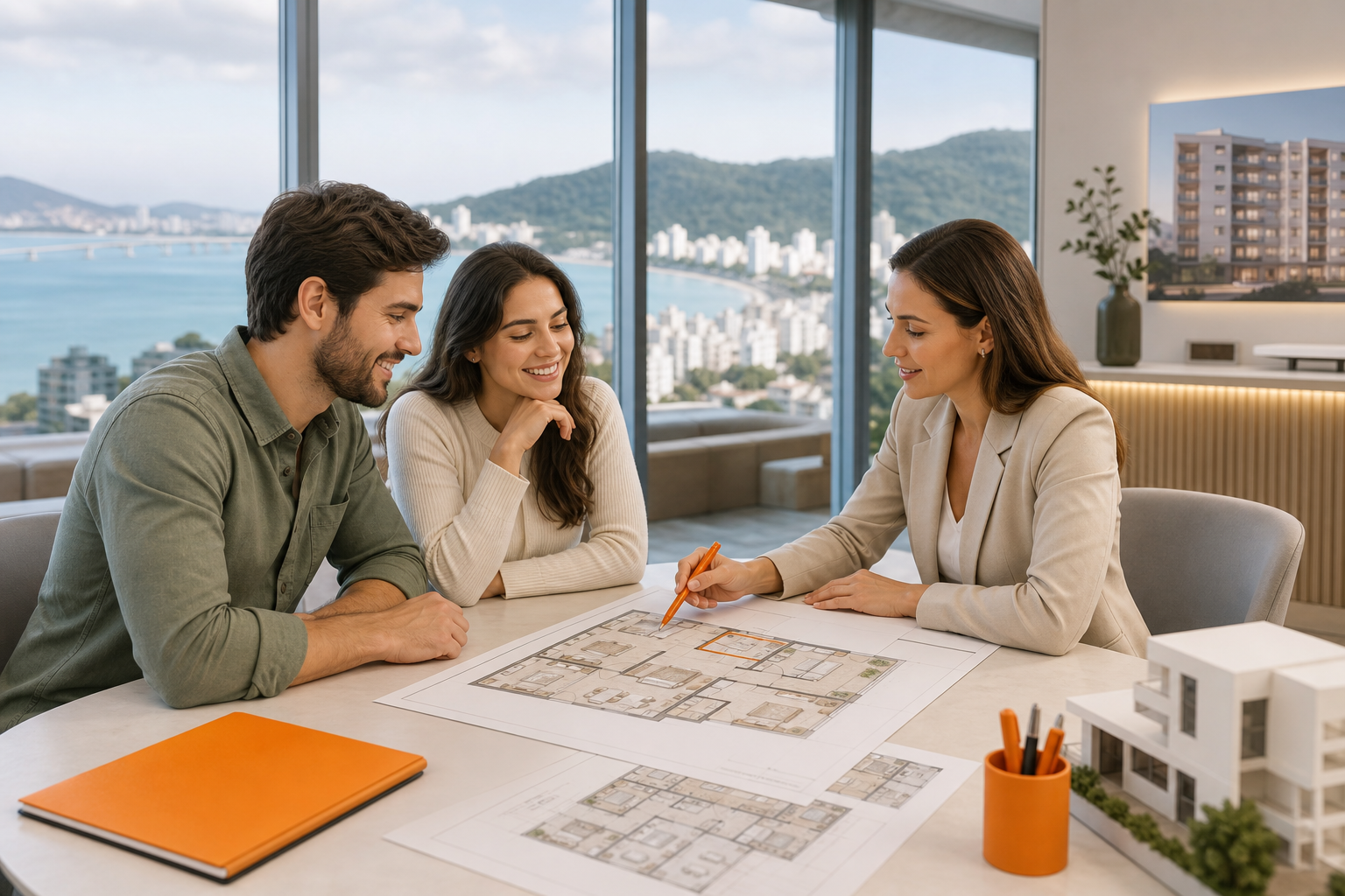 Casal analisando plantas do Doha Residence com consultor imobiliário antes da compra