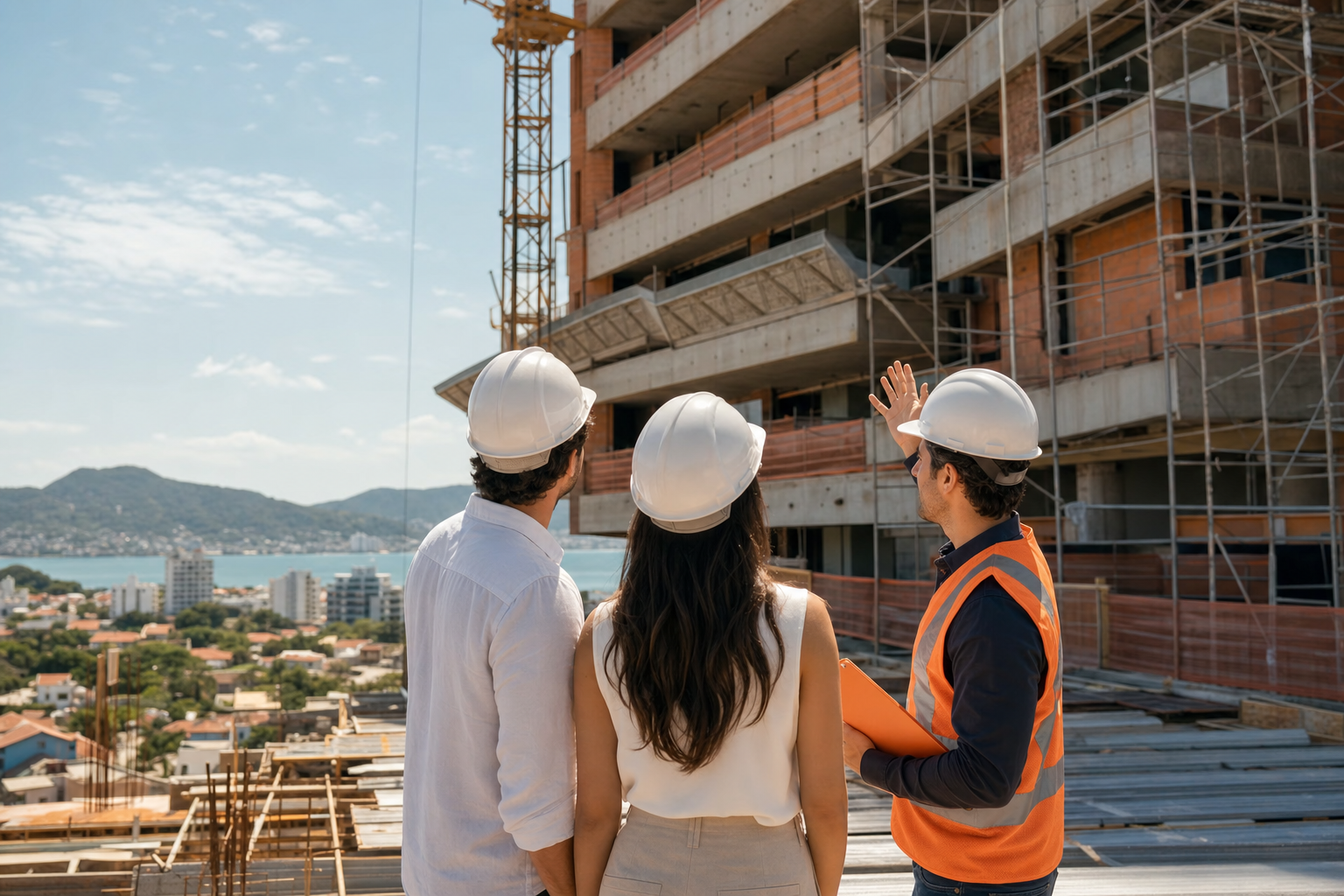 Casal com capacete acompanhando a construção do Doha Residence em Pedra Branca
